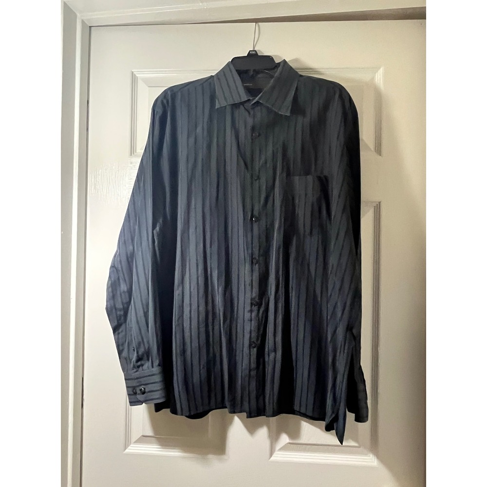 Perry Ellis Mens XXL Long‎ Sleeve Button Down Shirt Black Grey Striped Pocket